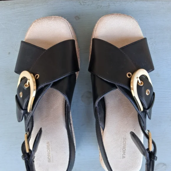 Sonoma Black Platform Espadrille Sandals Gold Buckle Slingback Size 7 - Picture 7 of 13